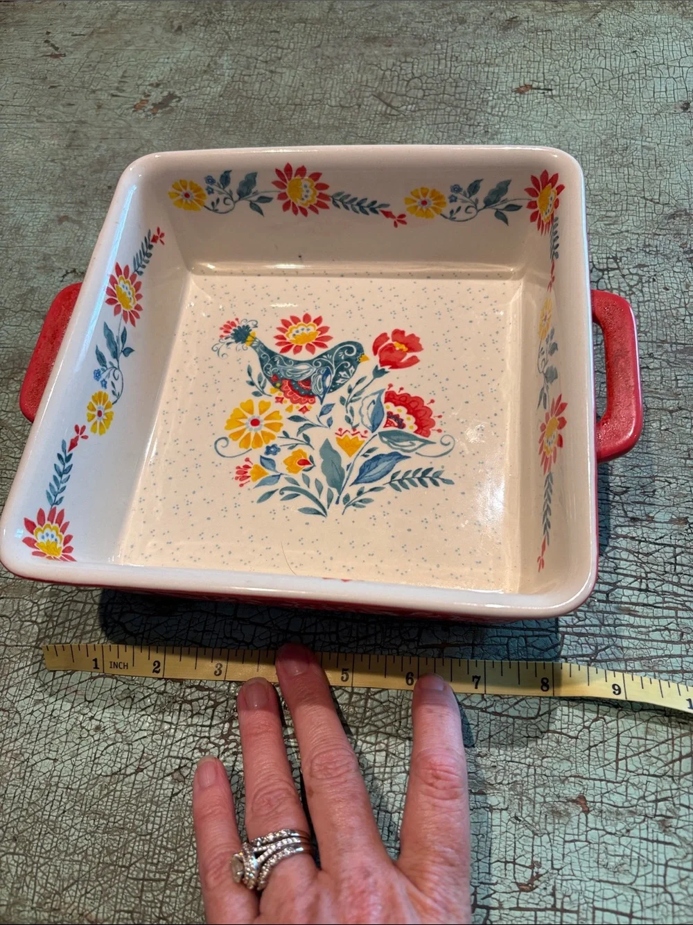 The Pioneer Woman Floral Rooster Square Stoneware Baking Dish Red Handles